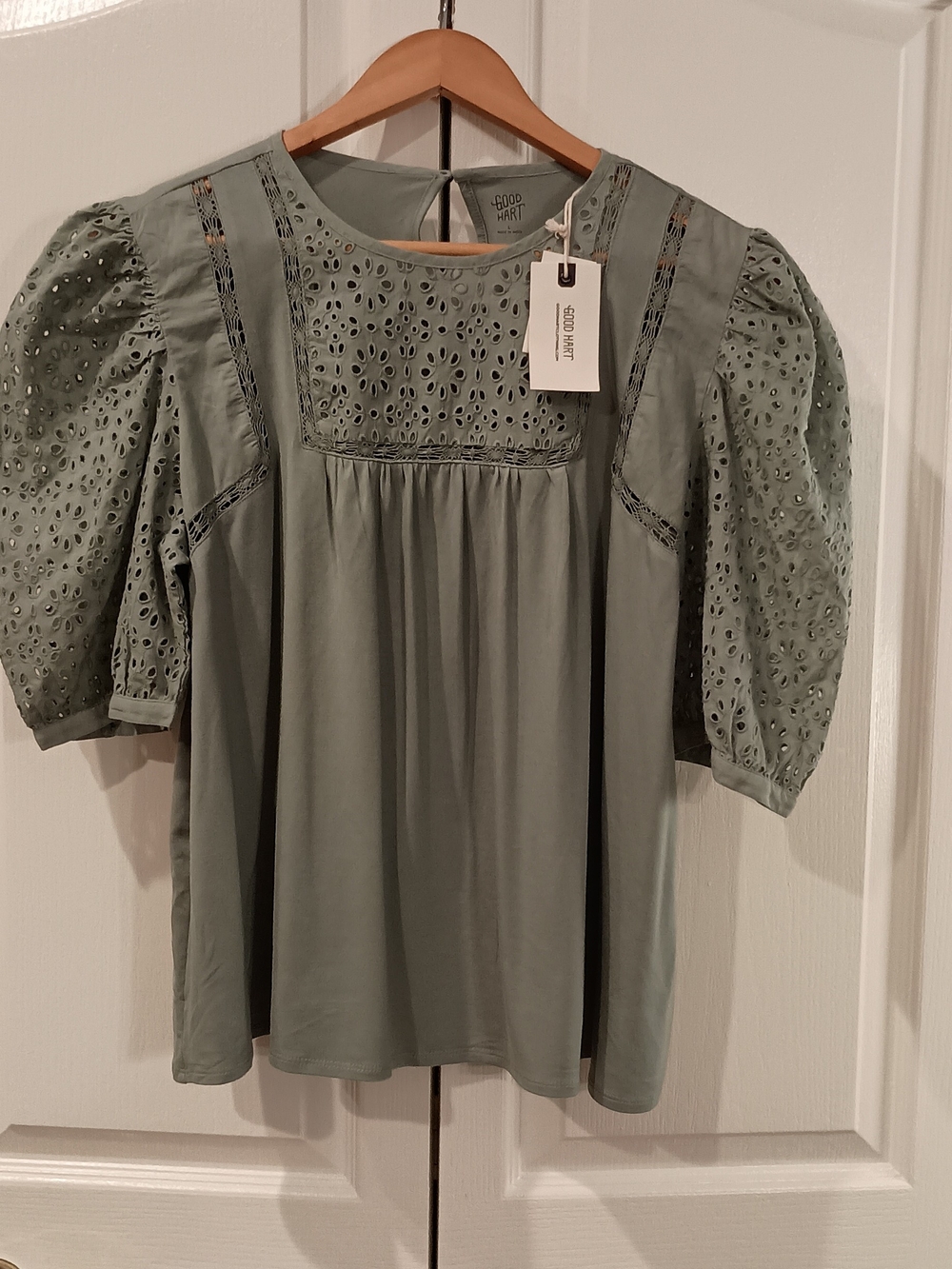 Good Hart Sage Green Eyelet Puff-Sleeve Blouse